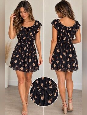 LC Lauren Conrad Daek Blue Mini Dress with Beige Floral Print